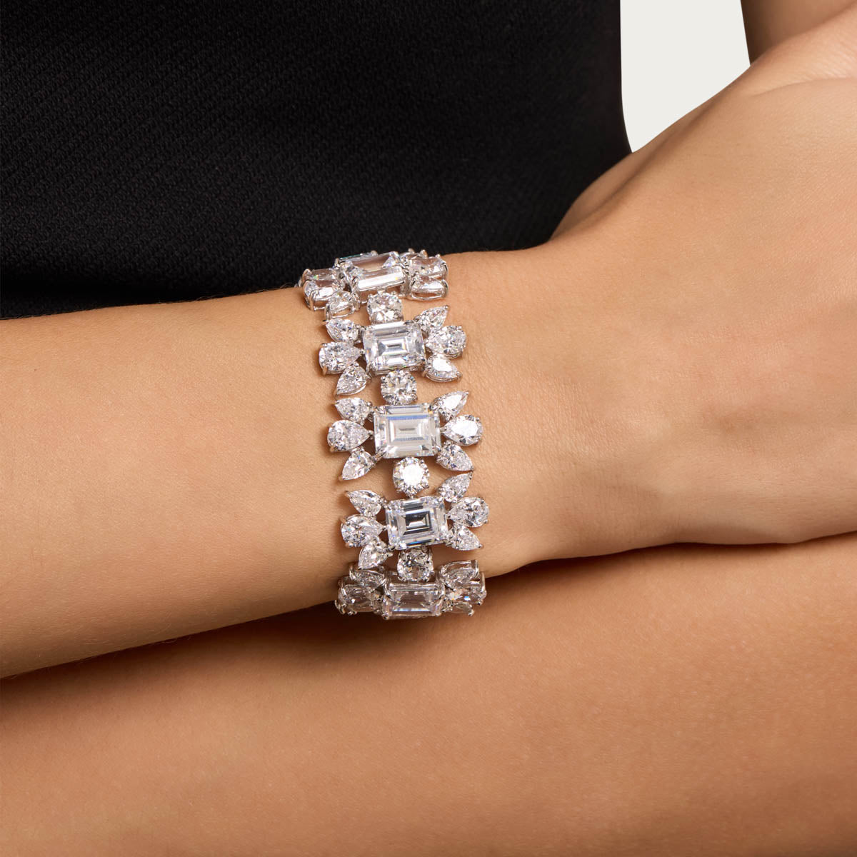 Emerald-Cut & Round Wide Bracelet