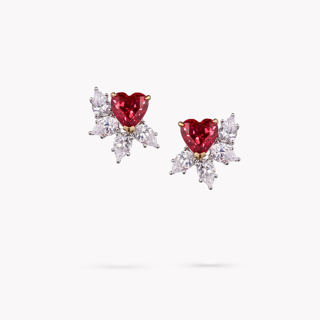 Fancy Love Earring with Heart Shape Created Rubies & White Pear Simulated Diamonds
