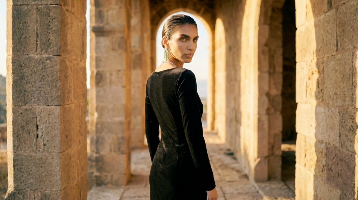 Model in a black dress under stone arches – DANI campaign