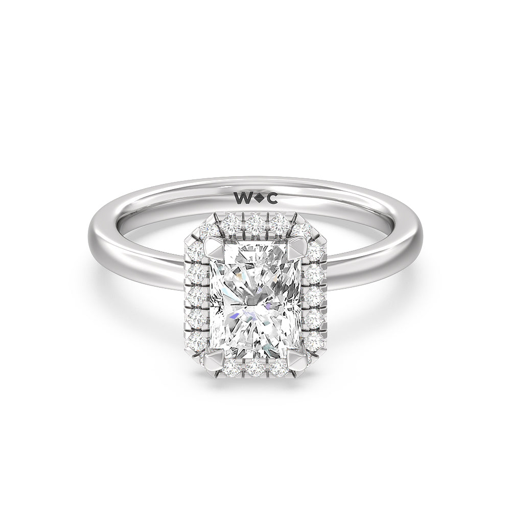 Seamless Plain Shank Halo Engagement Ring - 14KT White Gold Emerald