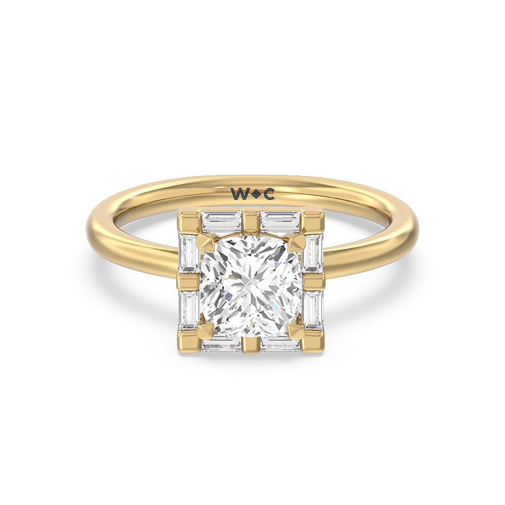 Vintage Baguette Halo Engagement Ring - 14KT White Gold Cushion