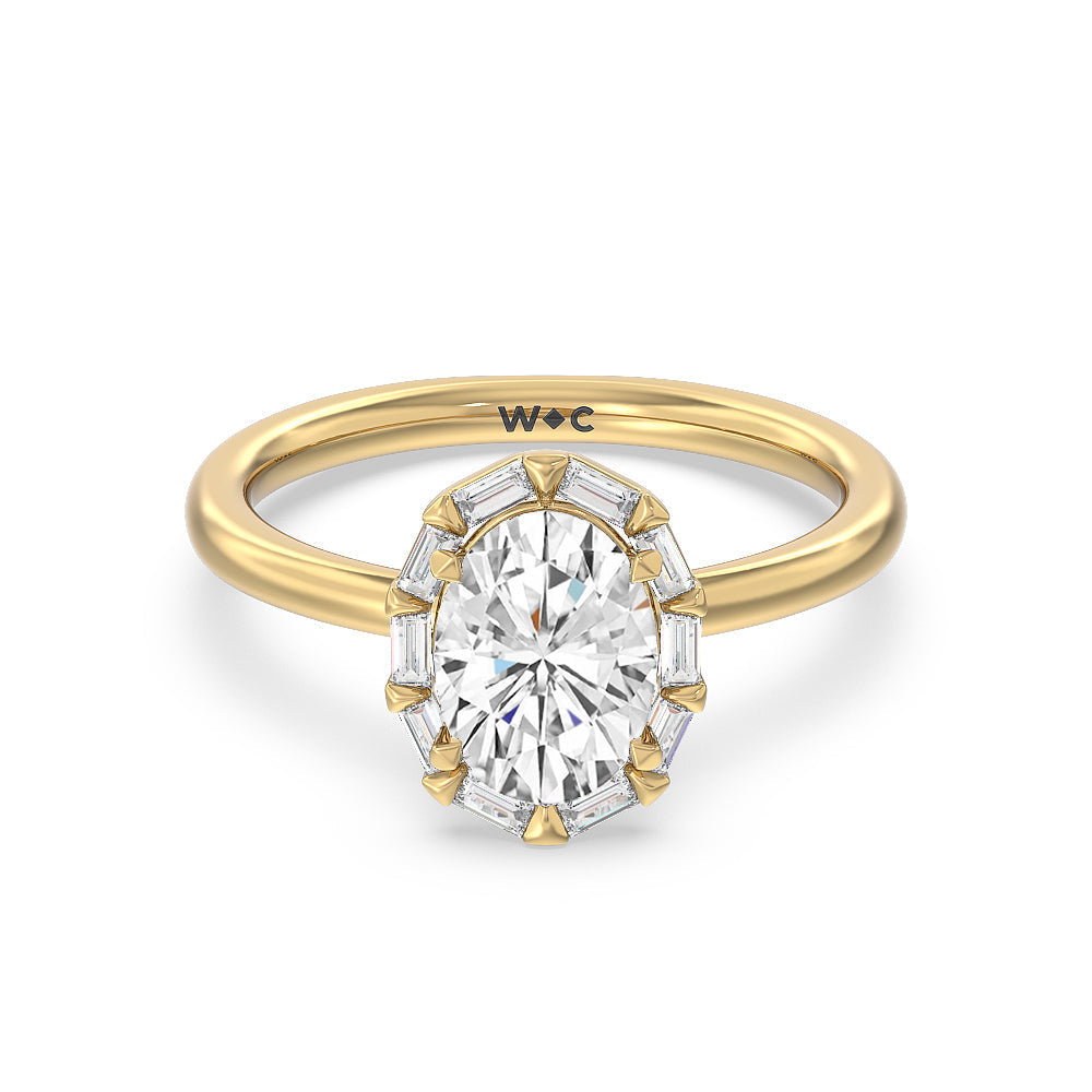 Vintage Baguette Halo Engagement Ring - 14KT White Gold Cushion