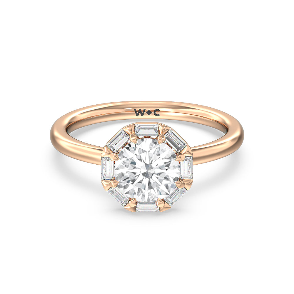 Vintage Baguette Halo Engagement Ring - 14KT White Gold Cushion