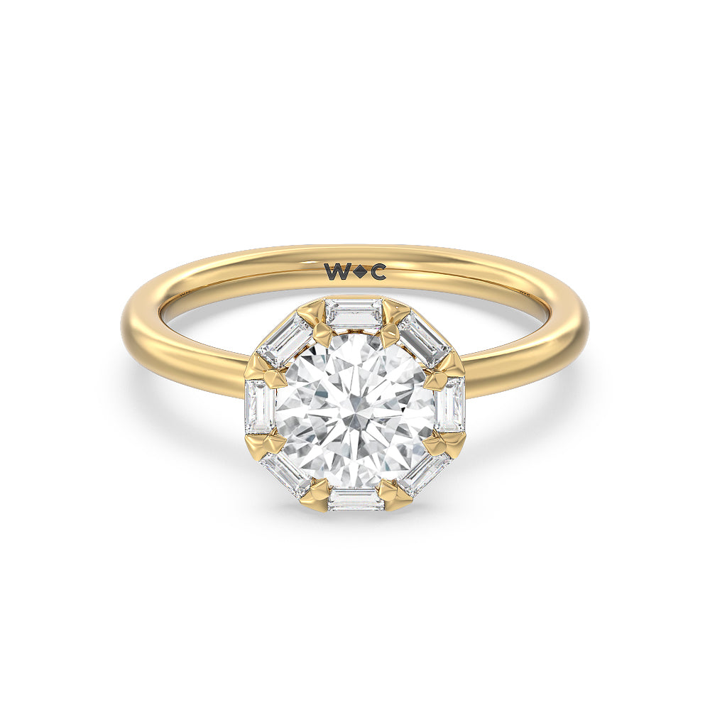 Vintage Baguette Halo Engagement Ring - 14KT White Gold Round