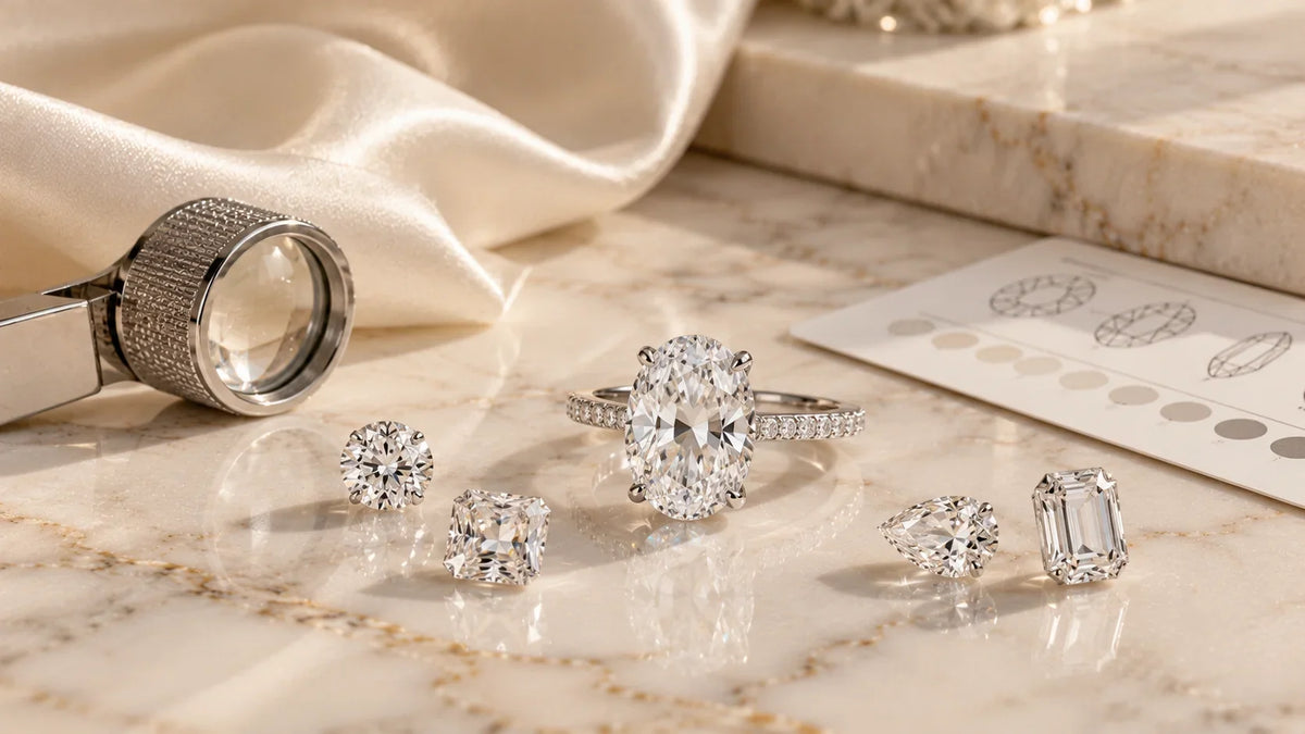 4Cs of diamonds: oval engagement ring with loose diamonds and a loupe