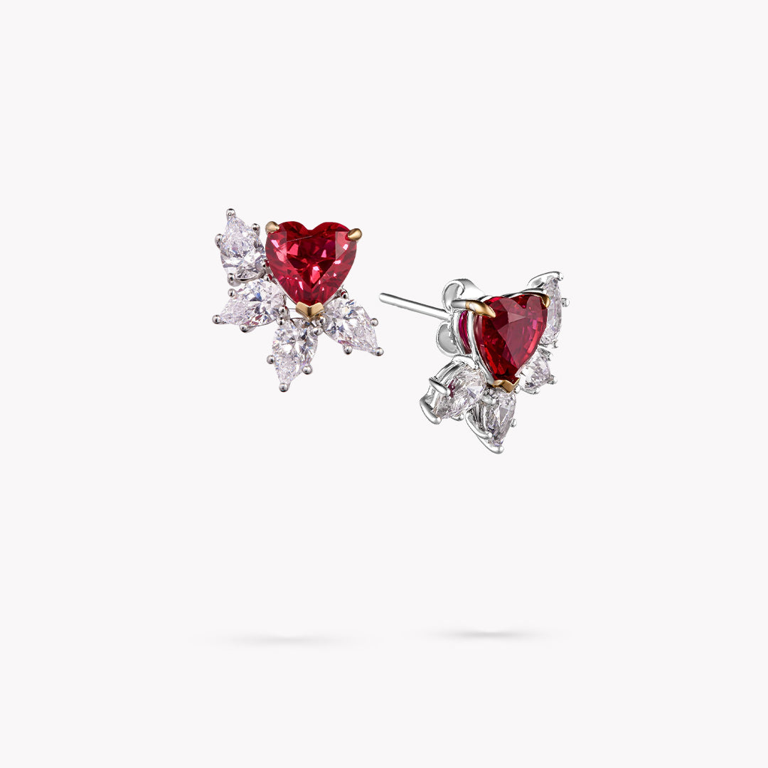 Fancy Love Earring with Heart Shape Created Rubies & White Pear Simulated Diamonds