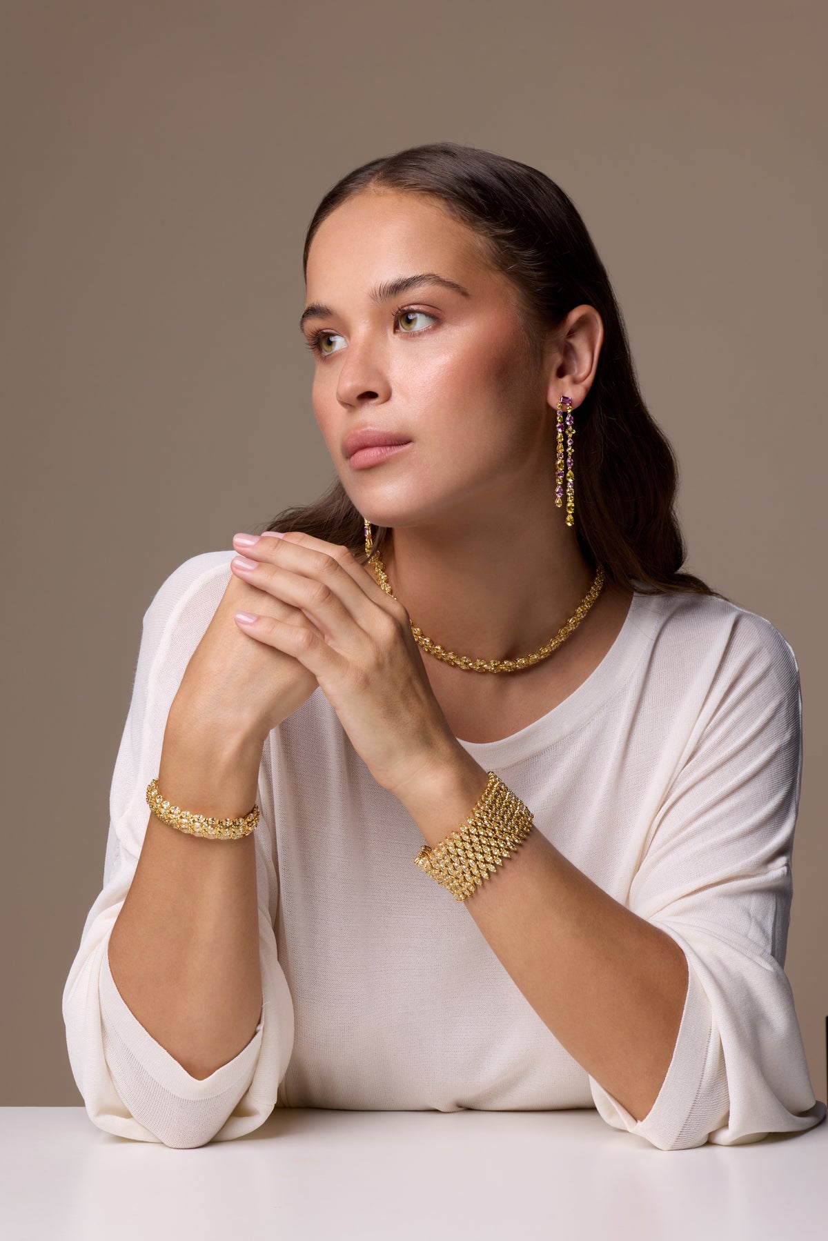 Model wearing DANI gold necklace and drop earrings – Gifts for Her collection