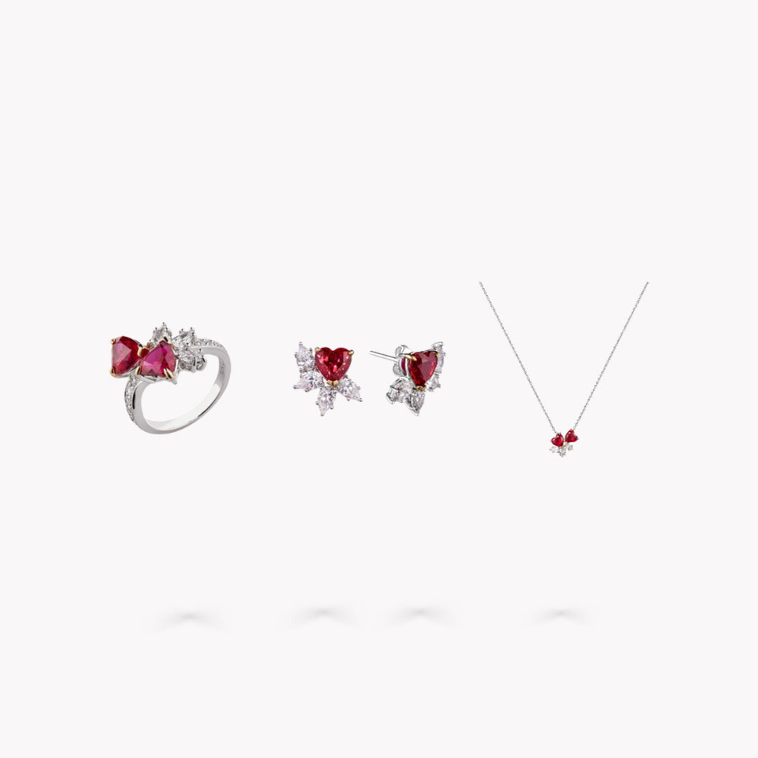 Fancy Love Heart Shape Created Rubies & White Pear Simulated Diamonds Ring Earring & Pendant Set