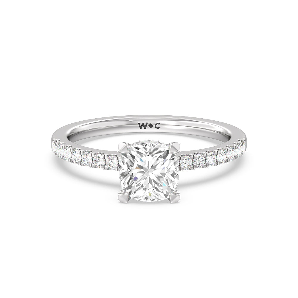 Petite Pave Hidden Halo Engagement Ring - 14KT White Gold Princess