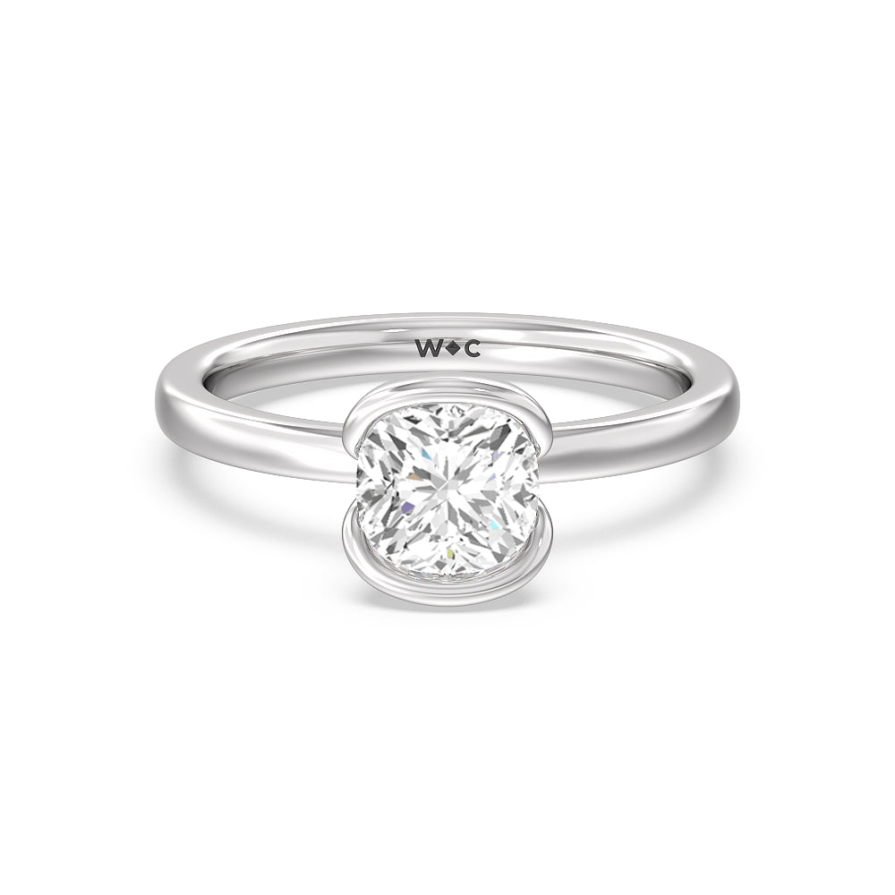 Seamless Half Bezel Solitaire Engagement Ring - 14KT White Gold Cushion