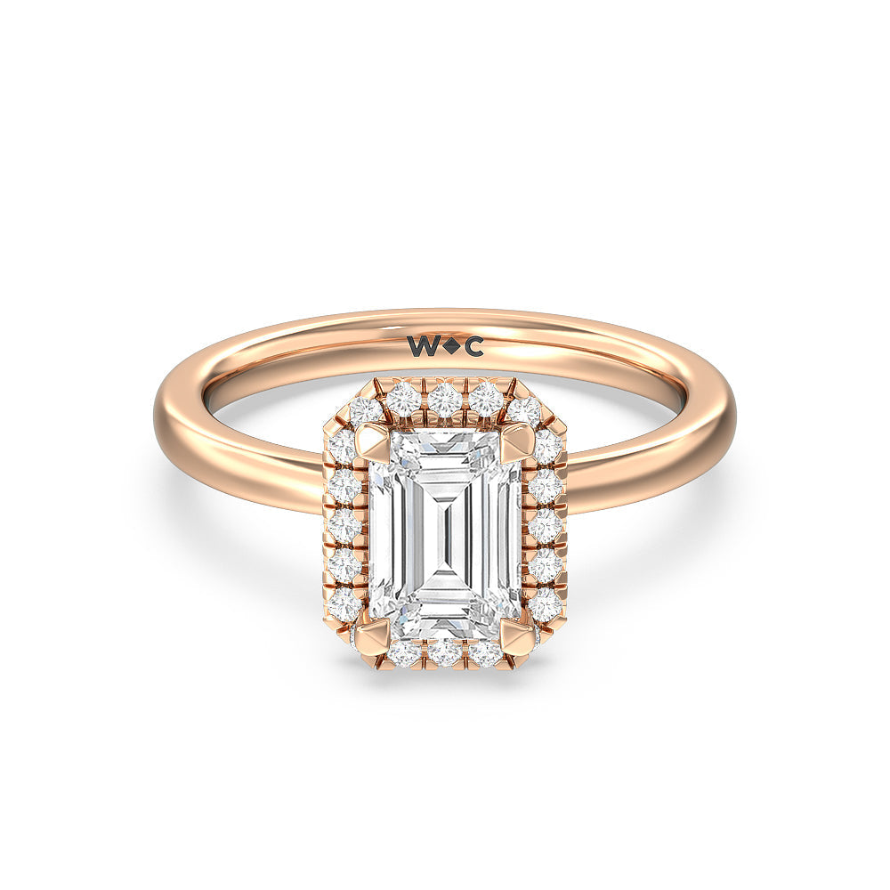 Seamless Plain Shank Halo Engagement Ring - 14KT White Gold Emerald
