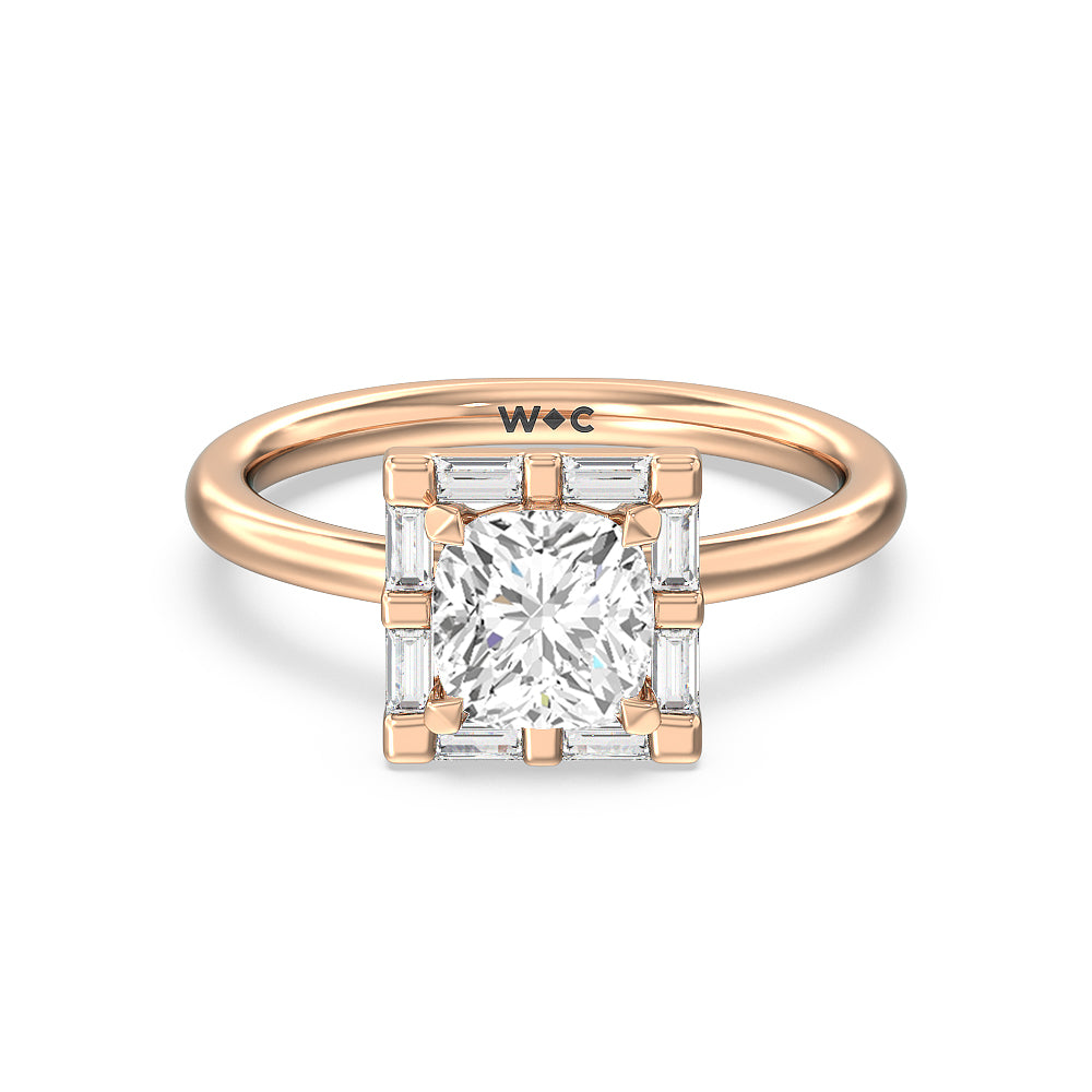 Vintage Baguette Halo Engagement Ring - 14KT White Gold Cushion