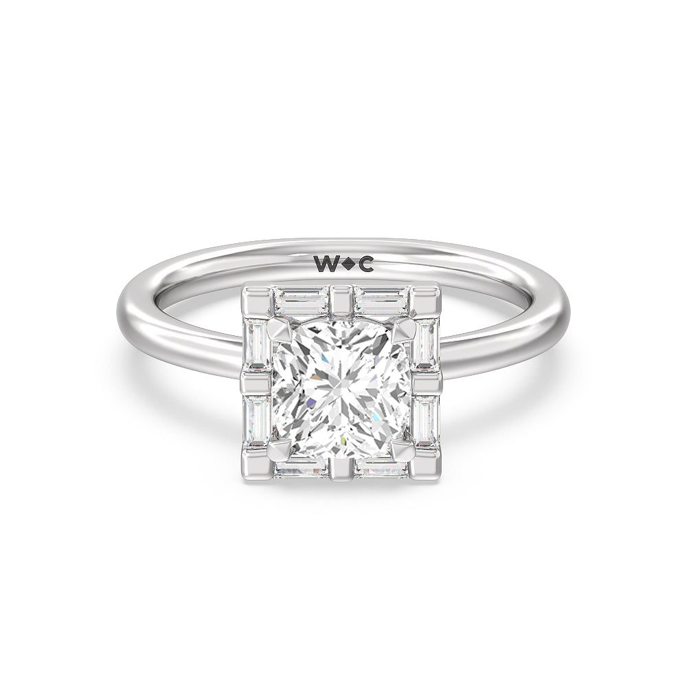 Vintage Baguette Halo Engagement Ring - 14KT White Gold Round