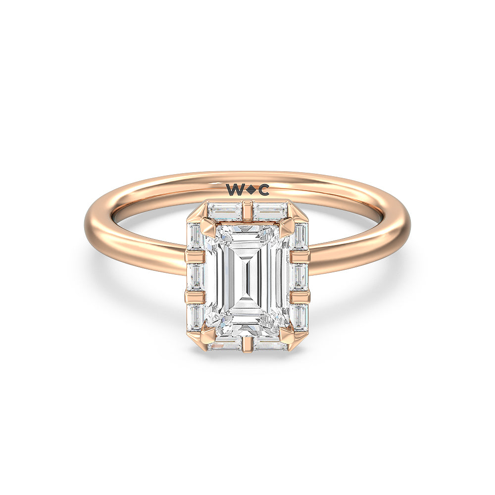 Vintage Baguette Halo Engagement Ring - 14KT White Gold Emerald