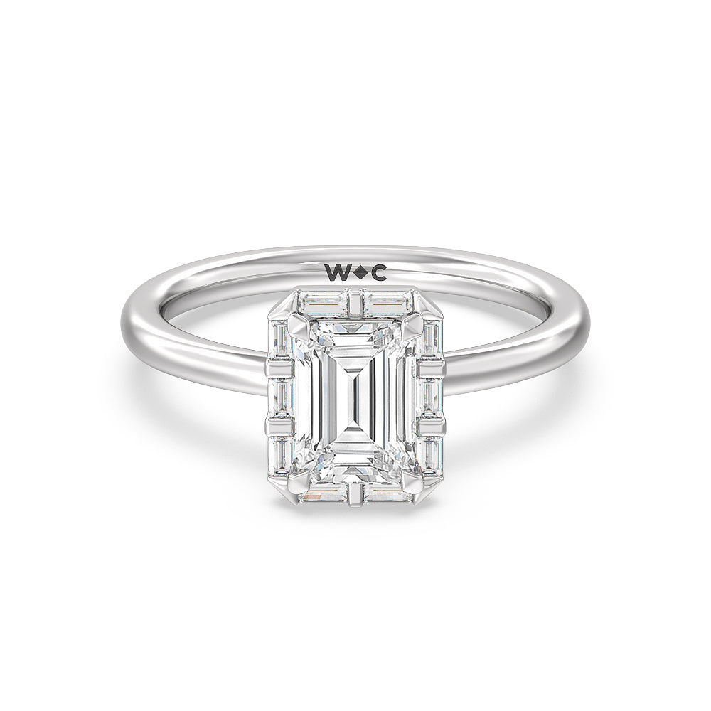 Vintage Baguette Halo Engagement Ring - 14KT White Gold Round