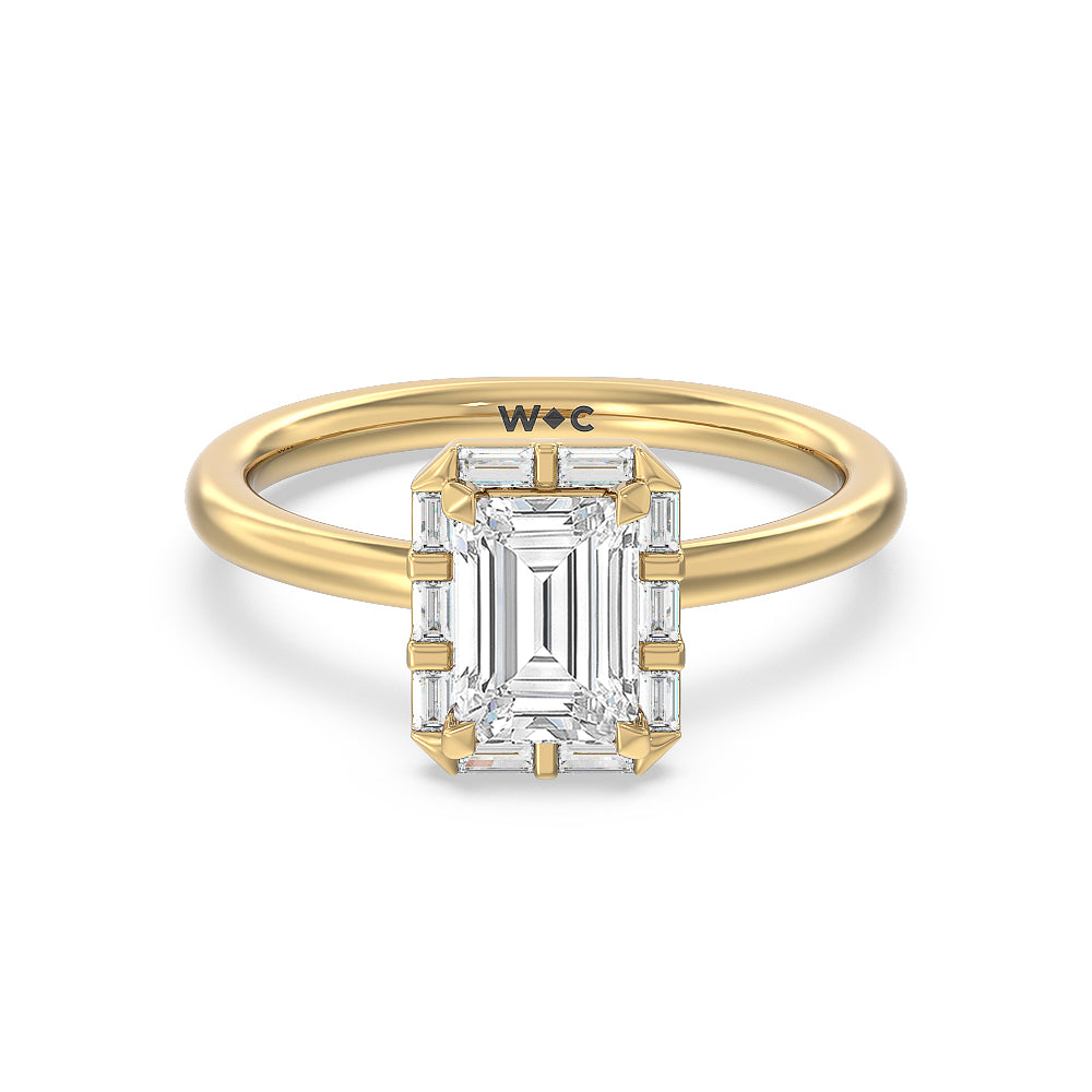 Vintage Baguette Halo Engagement Ring - 14KT White Gold Cushion