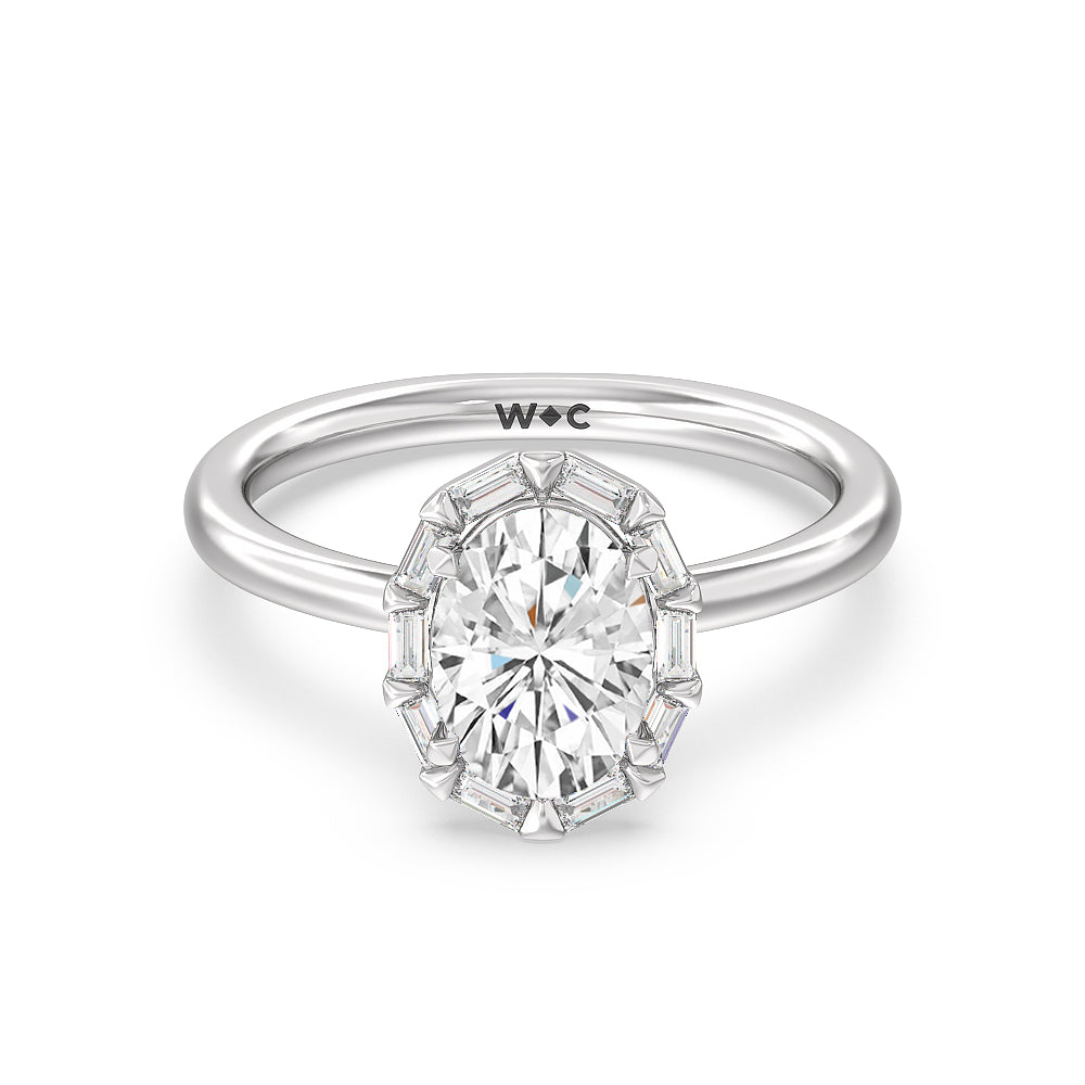 Vintage Baguette Halo Engagement Ring - 14KT White Gold Round