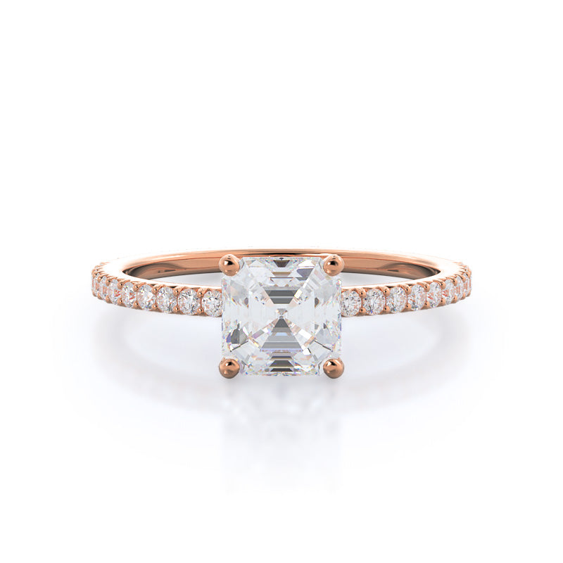 French Cut Pave Lab Diamond Engagement Ring - 14KT Rose Gold Round