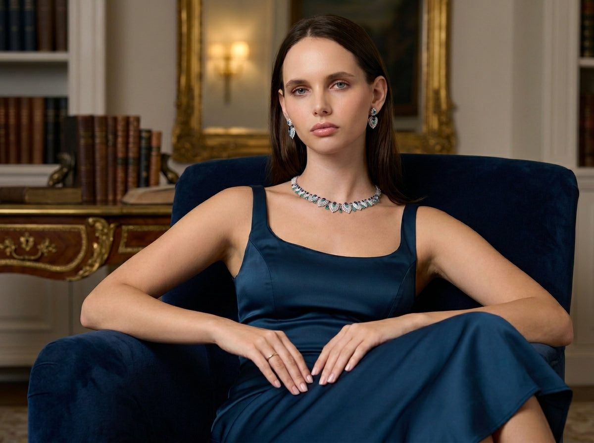 Model in a navy dress wearing a DANI diamond necklace